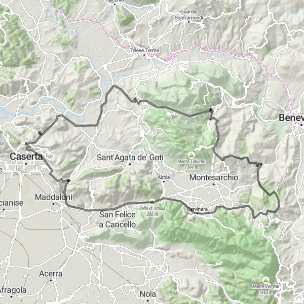 Miniatura della mappa di ispirazione al ciclismo "Circuito tra Montagnanello e Castel Morrone" nella regione di Campania, Italy. Generata da Tarmacs.app, pianificatore di rotte ciclistiche