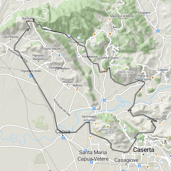 Miniatura della mappa di ispirazione al ciclismo "Giro in bicicletta tra monti e borghi antichi" nella regione di Campania, Italy. Generata da Tarmacs.app, pianificatore di rotte ciclistiche