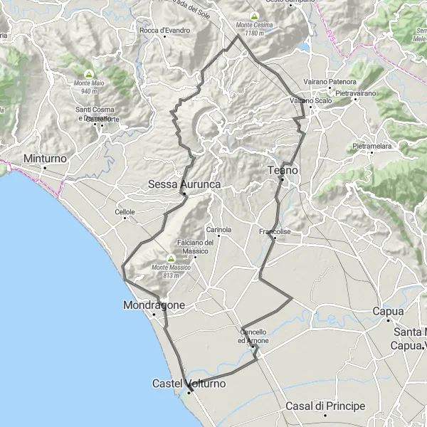 Map miniature of "The Sessa Aurunca Challenge" cycling inspiration in Campania, Italy. Generated by Tarmacs.app cycling route planner