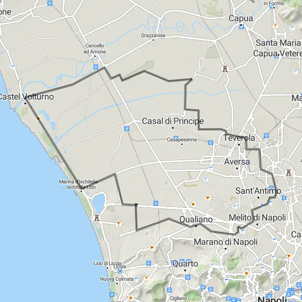 Map miniature of "Bike Explorations around Castel Volturno" cycling inspiration in Campania, Italy. Generated by Tarmacs.app cycling route planner