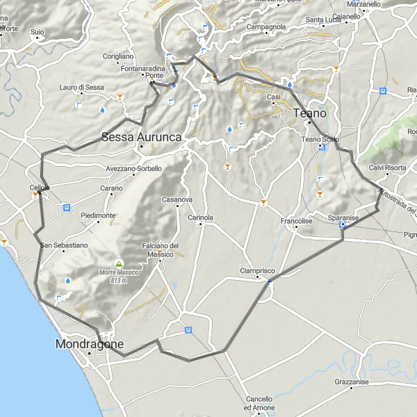 Miniatura della mappa di ispirazione al ciclismo "Tour in bici tra Sessa Aurunca e Monte Petrino" nella regione di Campania, Italy. Generata da Tarmacs.app, pianificatore di rotte ciclistiche