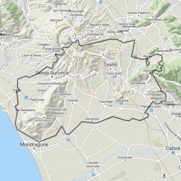 Miniatura della mappa di ispirazione al ciclismo "Giro in bicicletta da Cellole attraverso Sessa Aurunca e Monte Vetrine" nella regione di Campania, Italy. Generata da Tarmacs.app, pianificatore di rotte ciclistiche