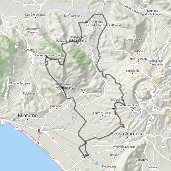 Map miniature of "Castelforte to Castello ducale Loop" cycling inspiration in Campania, Italy. Generated by Tarmacs.app cycling route planner
