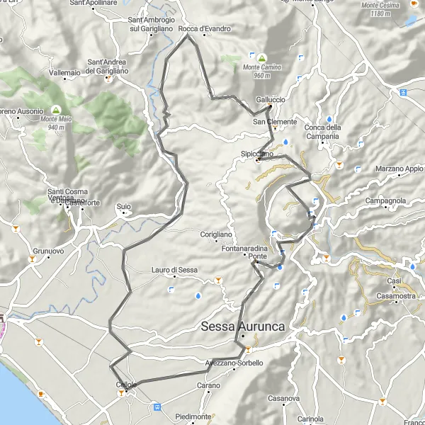 Miniatura della mappa di ispirazione al ciclismo "Avventura in bicicletta tra Rocca d'Evandro e Sessa Aurunca" nella regione di Campania, Italy. Generata da Tarmacs.app, pianificatore di rotte ciclistiche