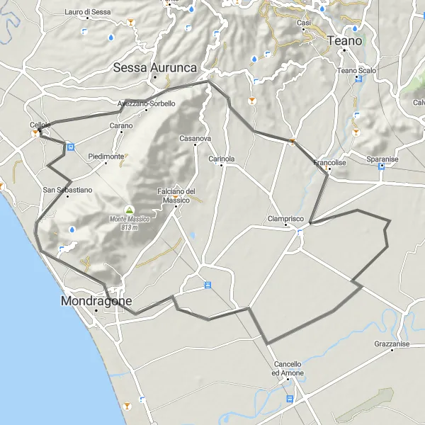 Miniatura della mappa di ispirazione al ciclismo "Giro in bici da Cellole a Monte Petrino" nella regione di Campania, Italy. Generata da Tarmacs.app, pianificatore di rotte ciclistiche