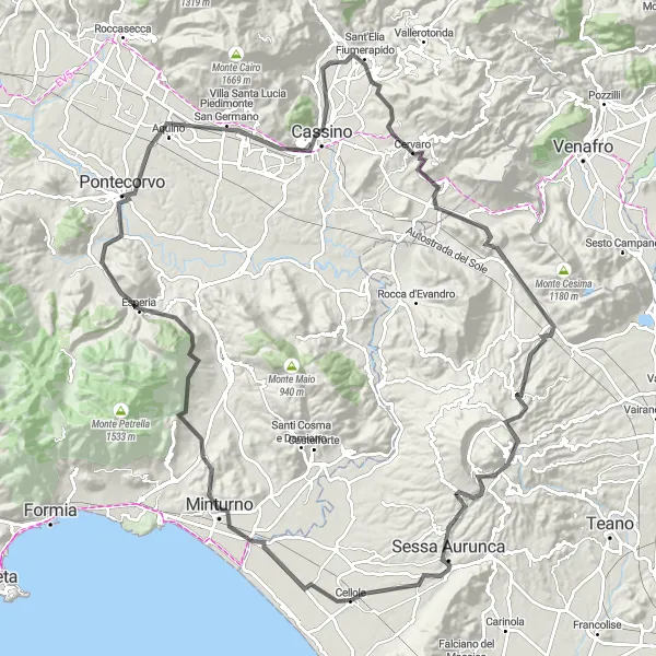 Miniatura della mappa di ispirazione al ciclismo "Scopri le bellezze di Monte Cassino in bici" nella regione di Campania, Italy. Generata da Tarmacs.app, pianificatore di rotte ciclistiche