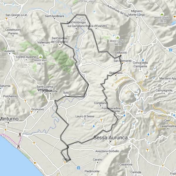 Miniatura della mappa di ispirazione al ciclismo "Tour in bicicletta verso Sant'Andrea del Garigliano e Castello ducale" nella regione di Campania, Italy. Generata da Tarmacs.app, pianificatore di rotte ciclistiche