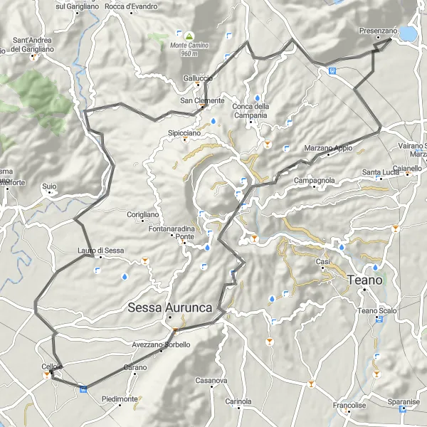Miniatura della mappa di ispirazione al ciclismo "Traversata panoramica da Lauro di Sessa a Cascano" nella regione di Campania, Italy. Generata da Tarmacs.app, pianificatore di rotte ciclistiche
