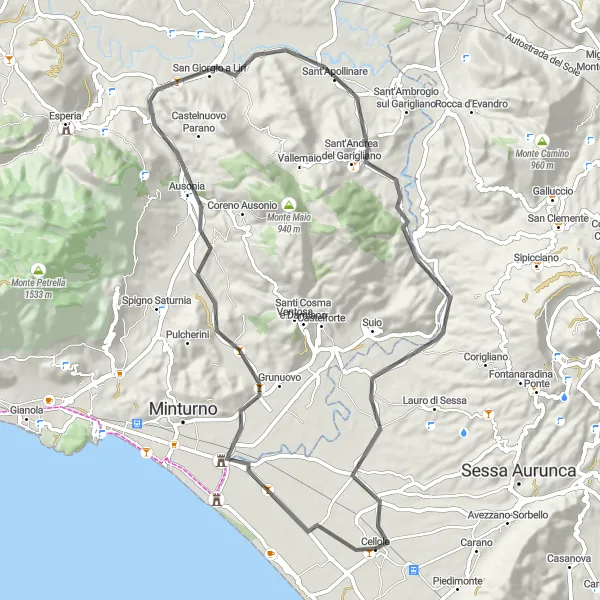 Miniatura della mappa di ispirazione al ciclismo "Percorso cicloturistico tra Minturnae e Ausonia" nella regione di Campania, Italy. Generata da Tarmacs.app, pianificatore di rotte ciclistiche
