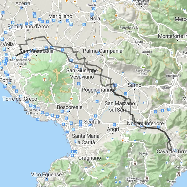 Miniatura della mappa di ispirazione al ciclismo "Giro in bicicletta da Cercola a Cercola attraverso Sant'Anastasia e Pagani" nella regione di Campania, Italy. Generata da Tarmacs.app, pianificatore di rotte ciclistiche