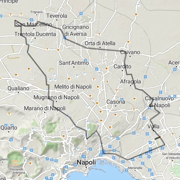 Miniatura della mappa di ispirazione al ciclismo "Giro in bicicletta da Cercola ad Aversa" nella regione di Campania, Italy. Generata da Tarmacs.app, pianificatore di rotte ciclistiche