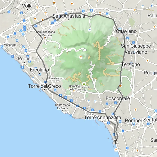 Map miniature of "The Vesuvian Coastline" cycling inspiration in Campania, Italy. Generated by Tarmacs.app cycling route planner