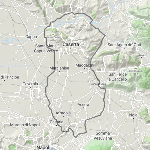 Miniatura della mappa di ispirazione al ciclismo "Avventura in bicicletta da Cercola a Valle di Maddaloni" nella regione di Campania, Italy. Generata da Tarmacs.app, pianificatore di rotte ciclistiche