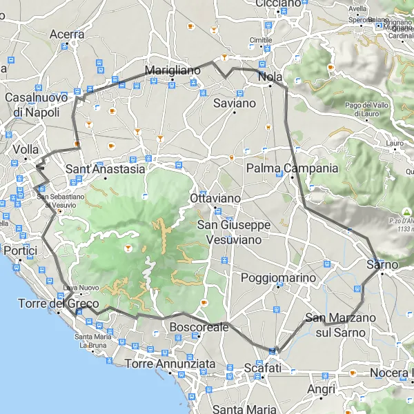 Map miniature of "The Pompeii Loop" cycling inspiration in Campania, Italy. Generated by Tarmacs.app cycling route planner