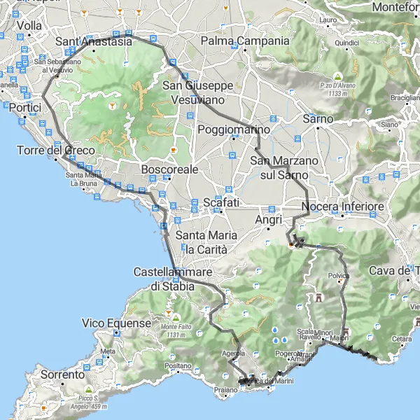 Miniatura della mappa di ispirazione al ciclismo "Sfida in bicicletta da Cercola a Cercola attraverso Ravello e Gragnano" nella regione di Campania, Italy. Generata da Tarmacs.app, pianificatore di rotte ciclistiche