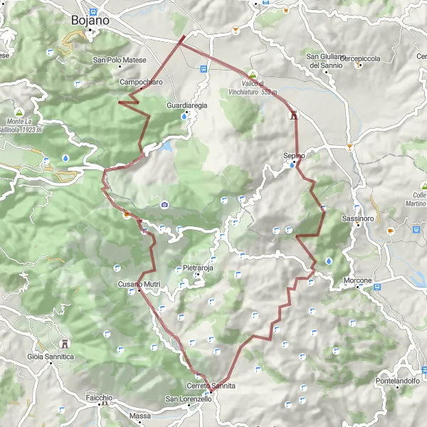 Map miniature of "Gravel Adventure: Sepino Exploration" cycling inspiration in Campania, Italy. Generated by Tarmacs.app cycling route planner