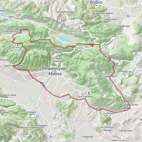 Map miniature of "The Gravel Adventure of Cerreto Sannita" cycling inspiration in Campania, Italy. Generated by Tarmacs.app cycling route planner