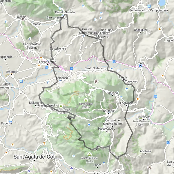 Map miniature of "Panoramic Delights: Telese Terme Loop" cycling inspiration in Campania, Italy. Generated by Tarmacs.app cycling route planner