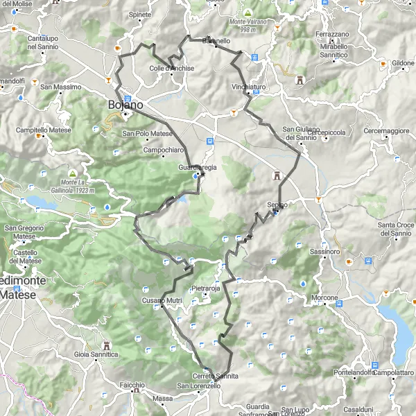 Map miniature of "The Mountainous Route of Cusano Mutri" cycling inspiration in Campania, Italy. Generated by Tarmacs.app cycling route planner