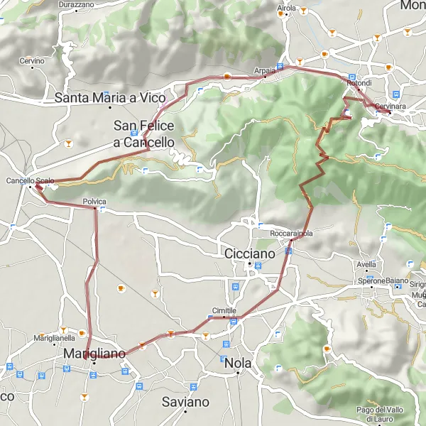 Miniatura della mappa di ispirazione al ciclismo "Giro in Gravel attraverso i Colli Sanniti" nella regione di Campania, Italy. Generata da Tarmacs.app, pianificatore di rotte ciclistiche