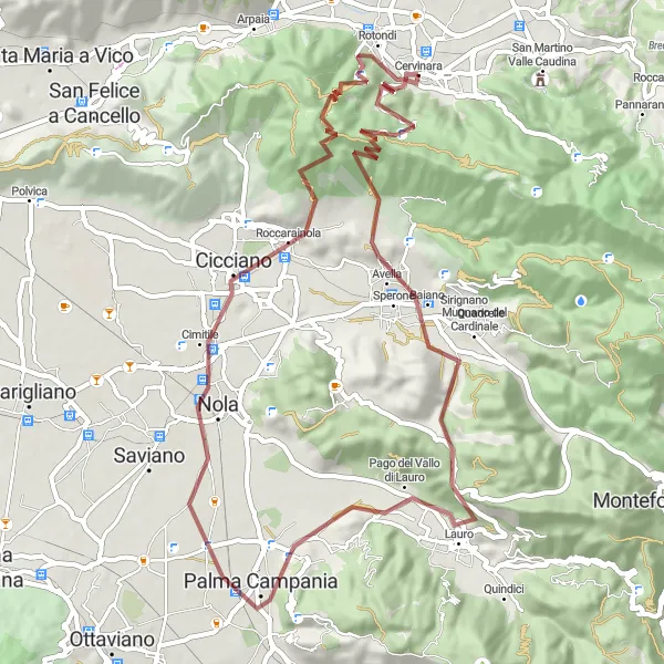 Map miniature of "Challenge yourself with an epic gravel ride to Nola" cycling inspiration in Campania, Italy. Generated by Tarmacs.app cycling route planner