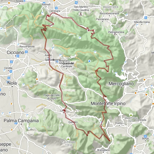 Map miniature of "Cervinara - Monte Pizzone - Monte Vallatrone - Poggio Tirone - Lauro - Avella - Cervinara" cycling inspiration in Campania, Italy. Generated by Tarmacs.app cycling route planner