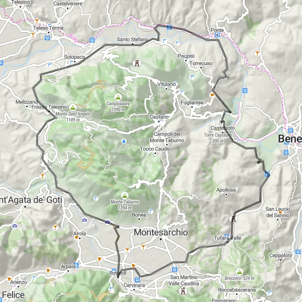 Miniatura della mappa di ispirazione al ciclismo "Giro in Road al Monte Porrito" nella regione di Campania, Italy. Generata da Tarmacs.app, pianificatore di rotte ciclistiche