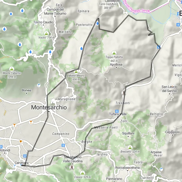 Miniatura della mappa di ispirazione al ciclismo "Giro in Road a Monte Mauro" nella regione di Campania, Italy. Generata da Tarmacs.app, pianificatore di rotte ciclistiche