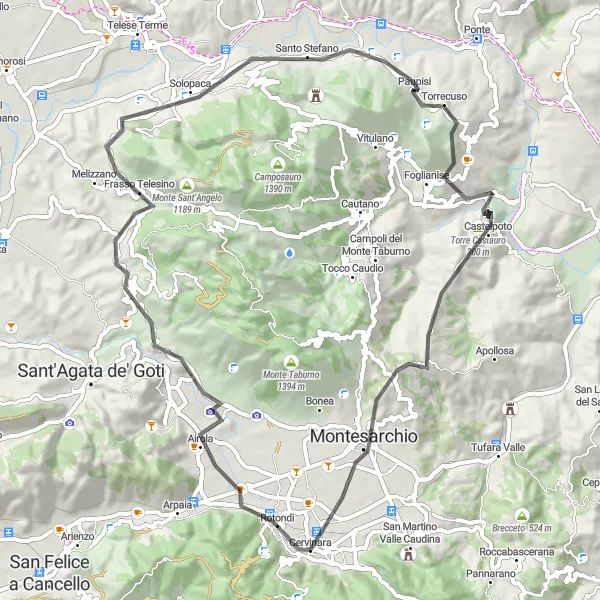 Map miniature of "Cervinara - Airola - Monte Porrito - Castelpoto - la Mofeta - Monte Mauro - Montesarchio - Cervinara" cycling inspiration in Campania, Italy. Generated by Tarmacs.app cycling route planner