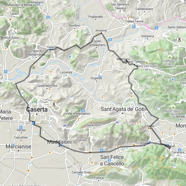 Map miniature of "Cervinara - Arpaia - Sella di Arpaia - Royal Palace of Caserta - Monte Monticello - Piana di Monte Verna - Melizzano - Faggiano - Monte Porrito - Cervinara" cycling inspiration in Campania, Italy. Generated by Tarmacs.app cycling route planner