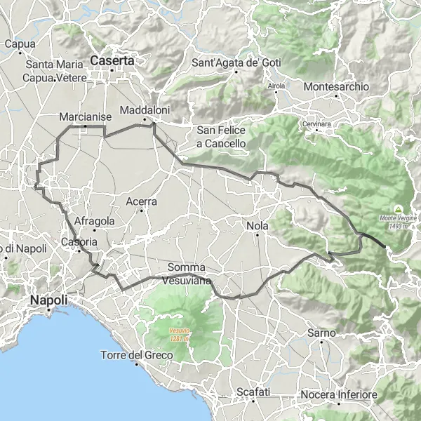 Map miniature of "Volcanic Landscapes and Historic Castles" cycling inspiration in Campania, Italy. Generated by Tarmacs.app cycling route planner