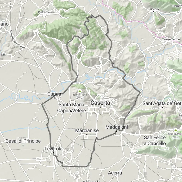 Miniatura della mappa di ispirazione al ciclismo "Giro in bicicletta tra Cesa e Monte Etna" nella regione di Campania, Italy. Generata da Tarmacs.app, pianificatore di rotte ciclistiche