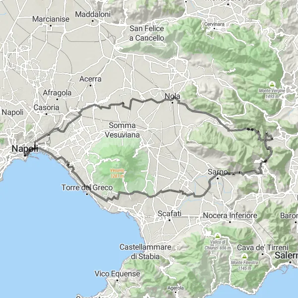 Map miniature of "Mountain Passes and Valleys" cycling inspiration in Campania, Italy. Generated by Tarmacs.app cycling route planner