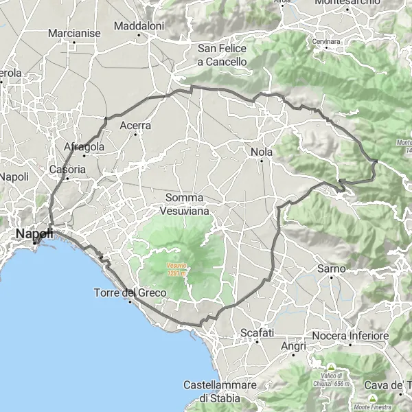Map miniature of "Hills and Heritage" cycling inspiration in Campania, Italy. Generated by Tarmacs.app cycling route planner