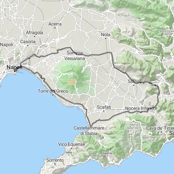 Map miniature of "The Mountains Calling" cycling inspiration in Campania, Italy. Generated by Tarmacs.app cycling route planner