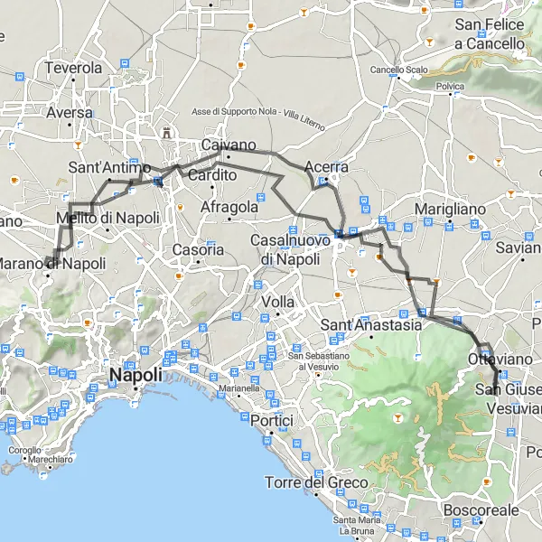 Miniatura della mappa di ispirazione al ciclismo "Tour tra natura e storia nella provincia di Napoli" nella regione di Campania, Italy. Generata da Tarmacs.app, pianificatore di rotte ciclistiche