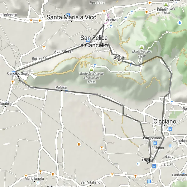 Miniatura della mappa di ispirazione al ciclismo "Giro in bicicletta da Cimitile a San Felice a Cancello" nella regione di Campania, Italy. Generata da Tarmacs.app, pianificatore di rotte ciclistiche