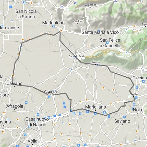 Miniatura della mappa di ispirazione al ciclismo "Tour di 57 km tra Marigliano e Caivano" nella regione di Campania, Italy. Generata da Tarmacs.app, pianificatore di rotte ciclistiche