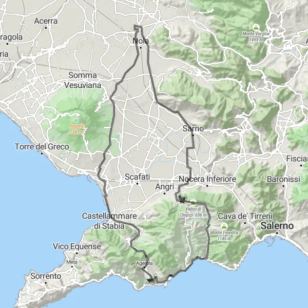 Miniatura della mappa di ispirazione al ciclismo "Giro in bicicletta da Cimitile a Ravello" nella regione di Campania, Italy. Generata da Tarmacs.app, pianificatore di rotte ciclistiche