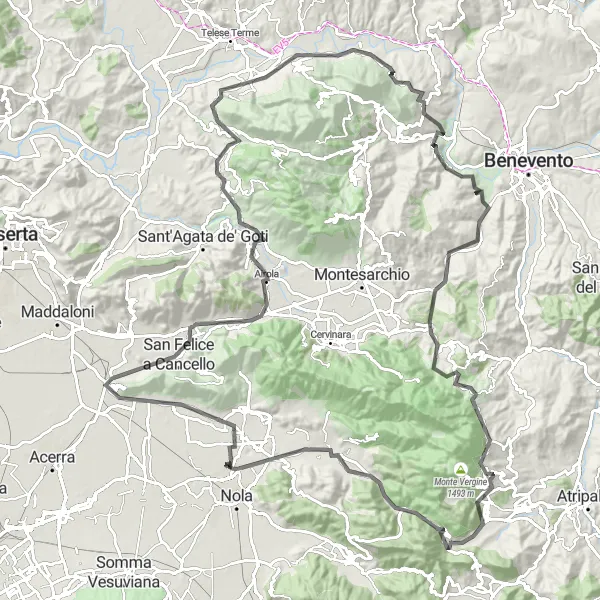 Miniatura della mappa di ispirazione al ciclismo "Avventuroso percorso di 142 km da Cimitile a Avella" nella regione di Campania, Italy. Generata da Tarmacs.app, pianificatore di rotte ciclistiche