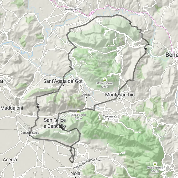 Miniatura della mappa di ispirazione al ciclismo "Giro in bicicletta da Cimitile a Monte Longano" nella regione di Campania, Italy. Generata da Tarmacs.app, pianificatore di rotte ciclistiche