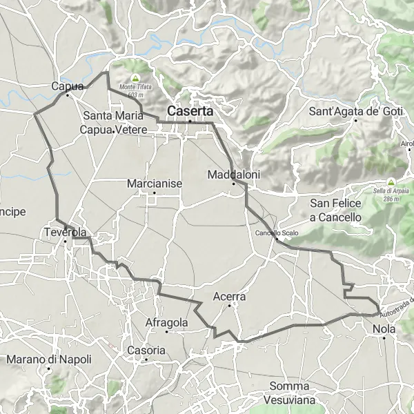 Miniatura della mappa di ispirazione al ciclismo "Scoperta in bici di Marigliano e Castello del Matinale" nella regione di Campania, Italy. Generata da Tarmacs.app, pianificatore di rotte ciclistiche