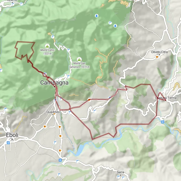 Miniatura della mappa di ispirazione al ciclismo "Gravel da Contursi Terme a Camaldoli" nella regione di Campania, Italy. Generata da Tarmacs.app, pianificatore di rotte ciclistiche