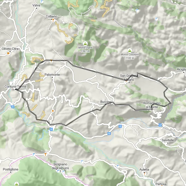Miniatura della mappa di ispirazione al ciclismo "Giro in bicicletta da Contursi Terme a Buccino" nella regione di Campania, Italy. Generata da Tarmacs.app, pianificatore di rotte ciclistiche