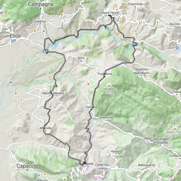 Miniatura della mappa di ispirazione al ciclismo "Giro Panoramico da Contursi Terme a Monteforte" nella regione di Campania, Italy. Generata da Tarmacs.app, pianificatore di rotte ciclistiche
