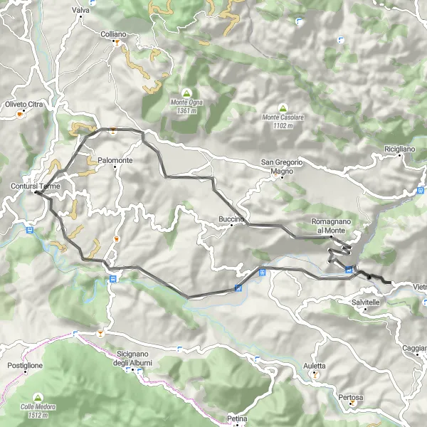 Map miniature of "The Beauty of Buccino" cycling inspiration in Campania, Italy. Generated by Tarmacs.app cycling route planner