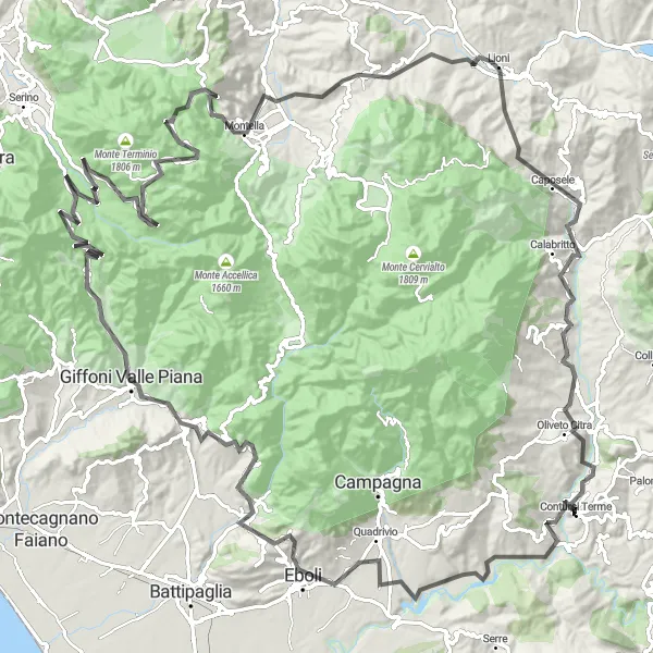 Miniatura della mappa di ispirazione al ciclismo "Tour delle Antiche Borgate Campane" nella regione di Campania, Italy. Generata da Tarmacs.app, pianificatore di rotte ciclistiche