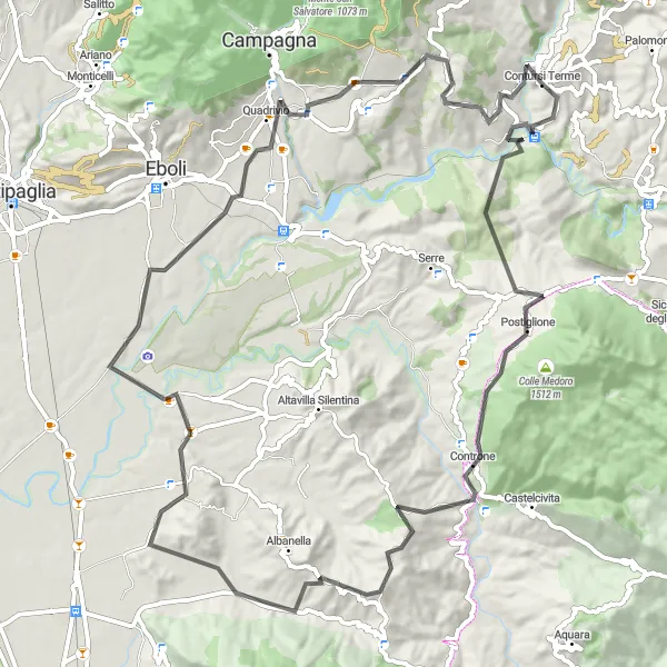 Miniatura della mappa di ispirazione al ciclismo "Giro in bicicletta da Contursi Terme" nella regione di Campania, Italy. Generata da Tarmacs.app, pianificatore di rotte ciclistiche