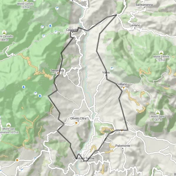 Miniatura della mappa di ispirazione al ciclismo "Giro in bicicletta da Contursi Terme a Perrazze" nella regione di Campania, Italy. Generata da Tarmacs.app, pianificatore di rotte ciclistiche