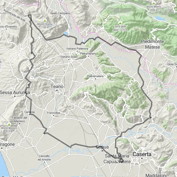 Miniatura della mappa di ispirazione al ciclismo "Grande avventura in bicicletta da Curti a Macerata Campania" nella regione di Campania, Italy. Generata da Tarmacs.app, pianificatore di rotte ciclistiche